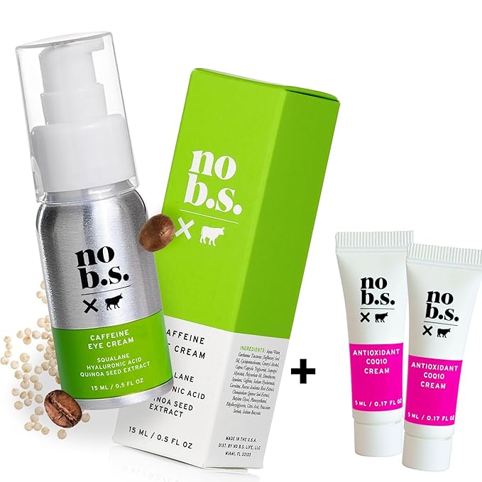 No B.S. Caffeine Eye Cream with Pure Hyaluronic Acid & Plant Based Squalane Oil, Under Eye Cream for Dark Circles & Puffiness, Skin Care for Women & Men, Travel Size, 0.5 FL Oz, and CoQ10 for Wrinkles