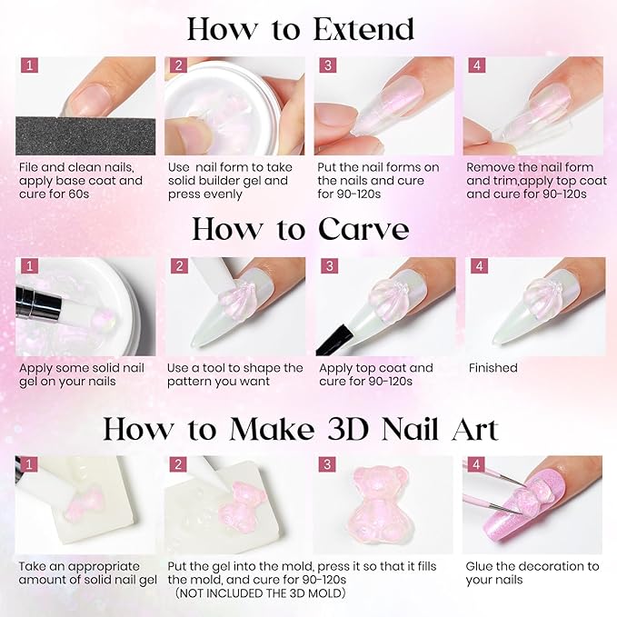 MIZHSE Solid Builder Gel, Aurora Pink & Clear Sculpting Gel for Nails, Non-Sticky 3D Nail Art Mermaid Pearl Building Carving Modeling Sculpture Hard Extension Manicure Salon Home DIY
