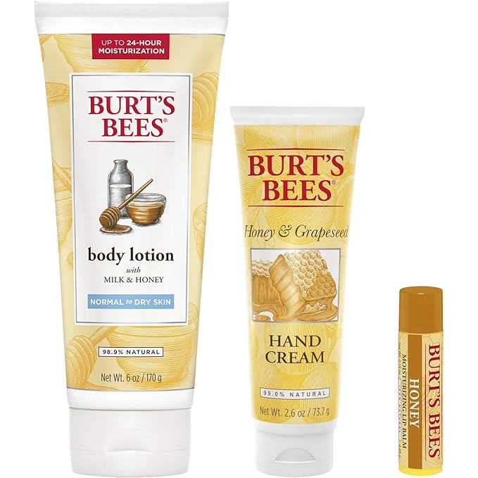 Burt's Bees Honey Pot Gift Set, 3 Honey Skin Care Products - Milk & Honey Body Lotion, Honey & Grapeseed Hand Cream and Honey Lip Balm