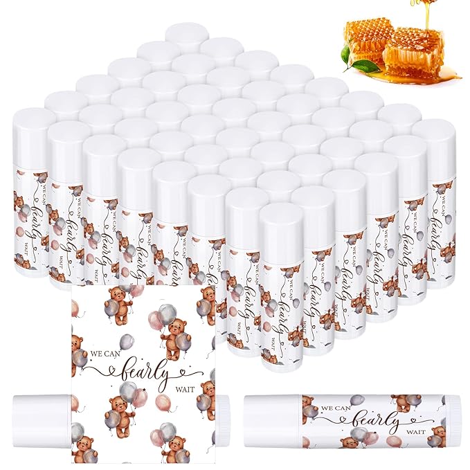 Loopeer 50 Pcs Lip Balm Gift Set Baby Shower Party Favors Natural Ingredients Beeswax lipsticks Gender Reveal Favors Gift Chapped Lips Care Products for Baby Kids Men Women and Children (Bear)