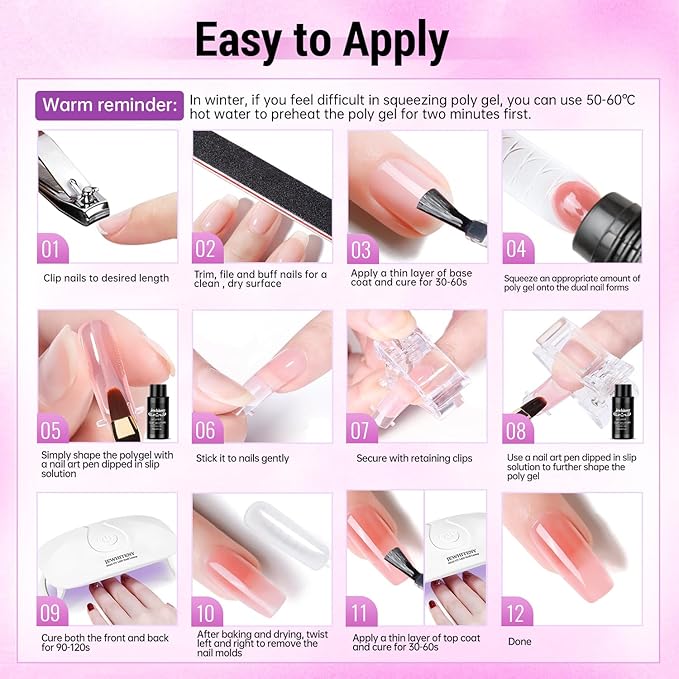 JEWHITENY Poly Gel Nail Kit 28 Colors Nude Gray Glitter with Nail Lamp Base Top Coats Builder Gel All-In-One Set Ideal for Designs DIY At Home Need U V Lamp Curing