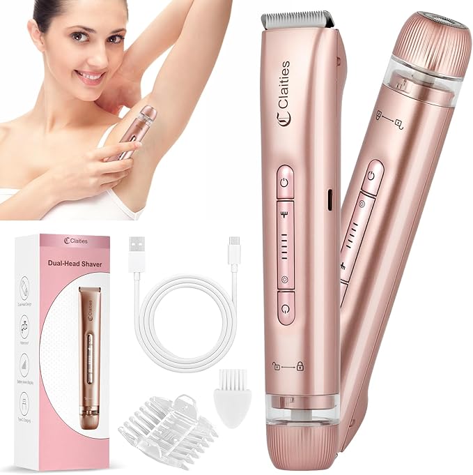 2 in 1 Women Electric Shaver Dual Head Bikini Trimmer for Women IPX7 Waterproof Wet & Dry Use Body Hair Trimmer and Facial Hair Remover for Bikini Underarm Leg Arm Body Face