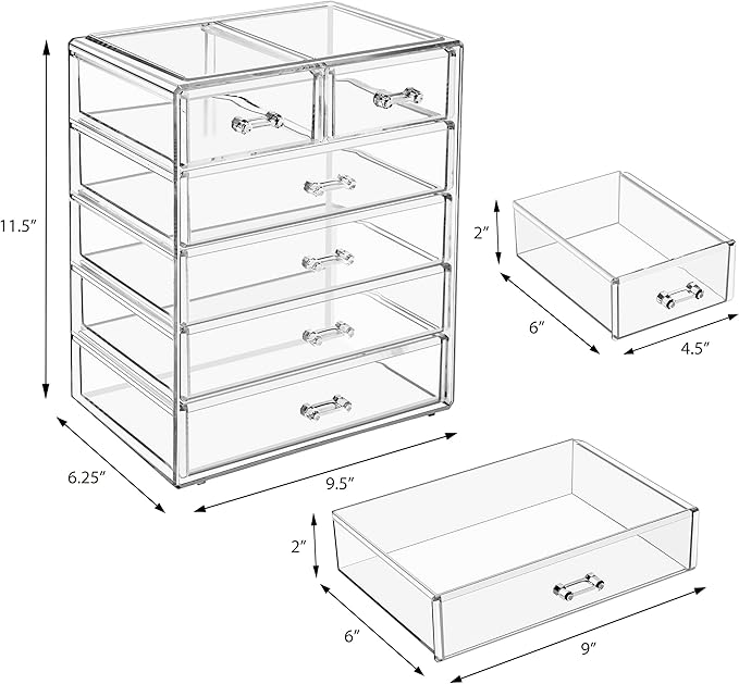 Sorbus Acrylic Makeup Organizer - Organization and Storage Case for Cosmetics Make Up & Jewelry - Big Clear Makeup Organizer for Vanity, Bathroom, College Dorm, Closet, Desk (4 Large, 2 Small Drawers)