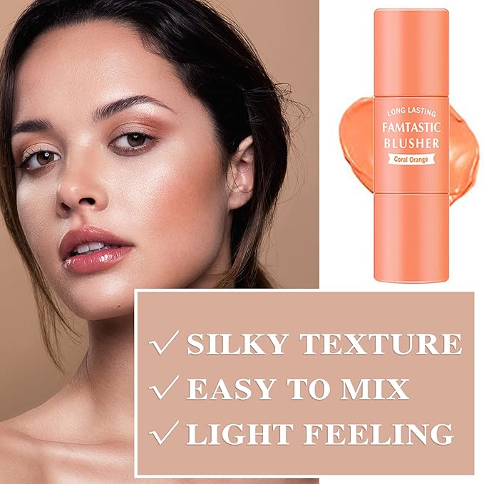Cream Blush Stick with Brush,Waterproof Multi Cream Makeup Stick,Lightweight,Long-lasting,2 in 1 Multi Blush for Cheeks & Lip Tint & Eyeshadow Makeup(#03 Coral Orange)