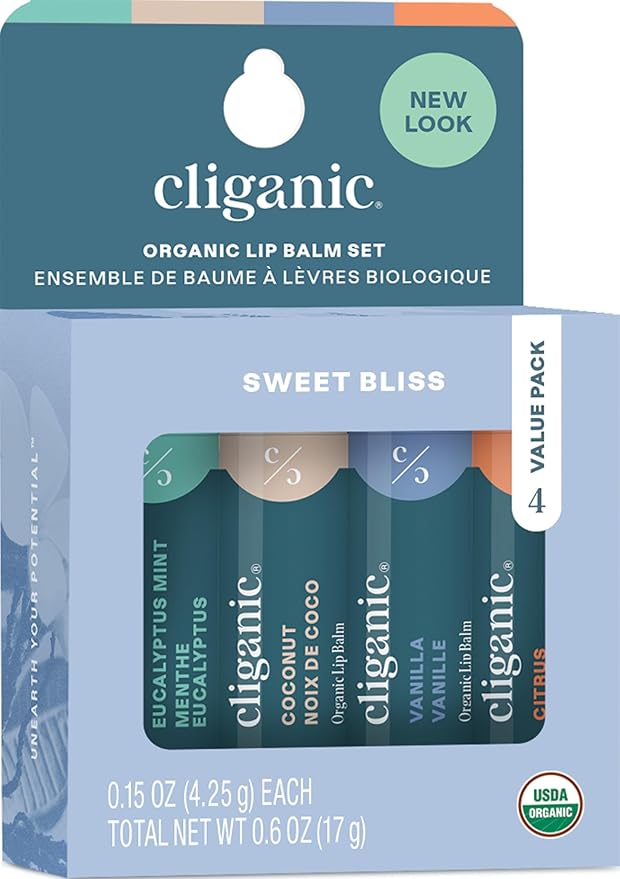 Cliganic Organic Lip Balm Set - 4 Flavors - Natural Hydrating for Cracked & Dry Lips