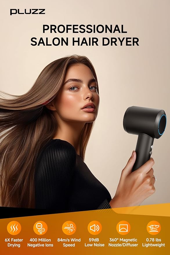 PLUZZ Professional Hair Dryer with Diffuser for Curly Hair, 400M Negative Ionic Blow Dryer for Fast Drying, 120,000 RPM High-Speed Brushless Motor, Low Noise Lightweight, Travel-Friendly, Women & Men