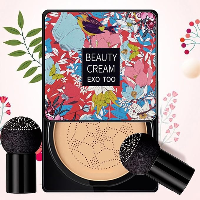 Beauty Cream EXO TOO Foundation, Beauty Cream Makeup Base, Moisturizing, Long Lasting Matte Air Cushion CC Cream Concealer with Two Mushroom Head Sponges