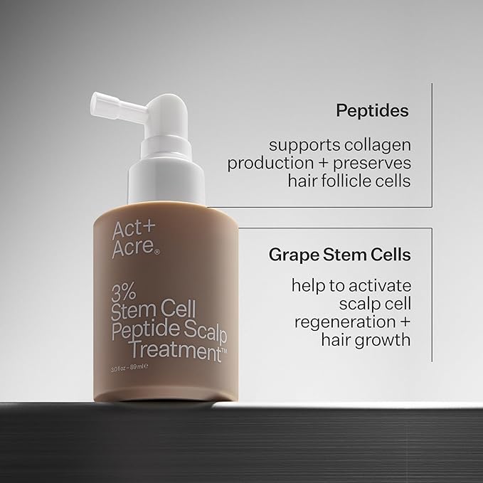 Act+Acre Cold Processed 3% Stem Cell Peptide Treatment | Boosts Hair Density | Grape Stem Cells, Peptides + Caffeine | Vegan, Fragrance-Free | 3 Fl Oz