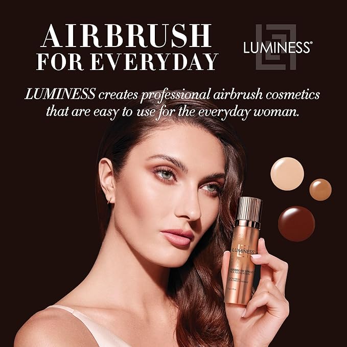 LUMINESS Silk Airbrush Spray Foundation & Buffing Brush Kit – Full Coverage Foundation & Dual-Sided Buffing Brush - Buildable Coverage, Anti-Aging Formula Hydrates & Moisturizes (Shade - Light Tan)