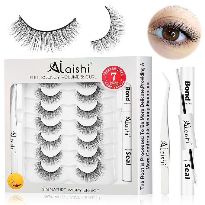 Wispy False Eyelashes Kit With Bond, Seal and Tweezer, 7 Pairs Natural Look Fake Cat Eye Lashes Strips Thin Band Extensions Waterproof Easy Eyelashes for Beginners RQ46