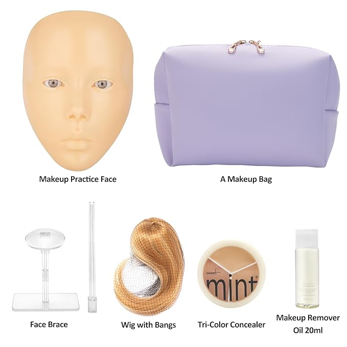 Makeup Practice Face, 2024 Upgrade 5D Makeup Mannequin Face Reusable Silicone Makeup Practice Face Board with Bracket, Come with Makeup remover & Concealer 3 Color & Makeup Bag White