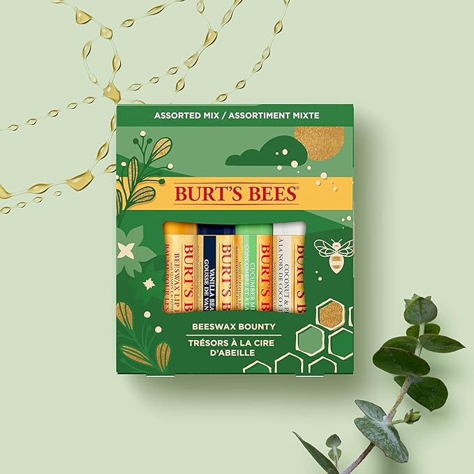 Burt's Bees Holiday Gift, 4 Lip Balms Stocking Stuffer, Assorted Mix Set, Classic Beeswax, Vanilla, Cucumber Mint & Coconut And Pear