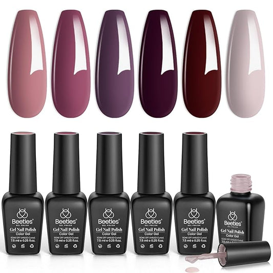 Beetles Purple Gel Nail Polish Set, Fall Burgundy Red Dark Purple Rose Petals Color Soak Off UV Light Cure Gel Polish Nail Art Design Gifts for Women