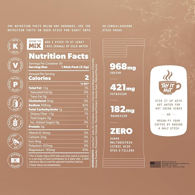 Keto Chow SALTT Electrolytes Powder Packets, Cocoa Variety Pack (30 Packets) - Magnesium, Potassium, Sodium, Trace Minerals - Vegan, Sugar Free, Gluten Free - Travel Essentials - Made in USA