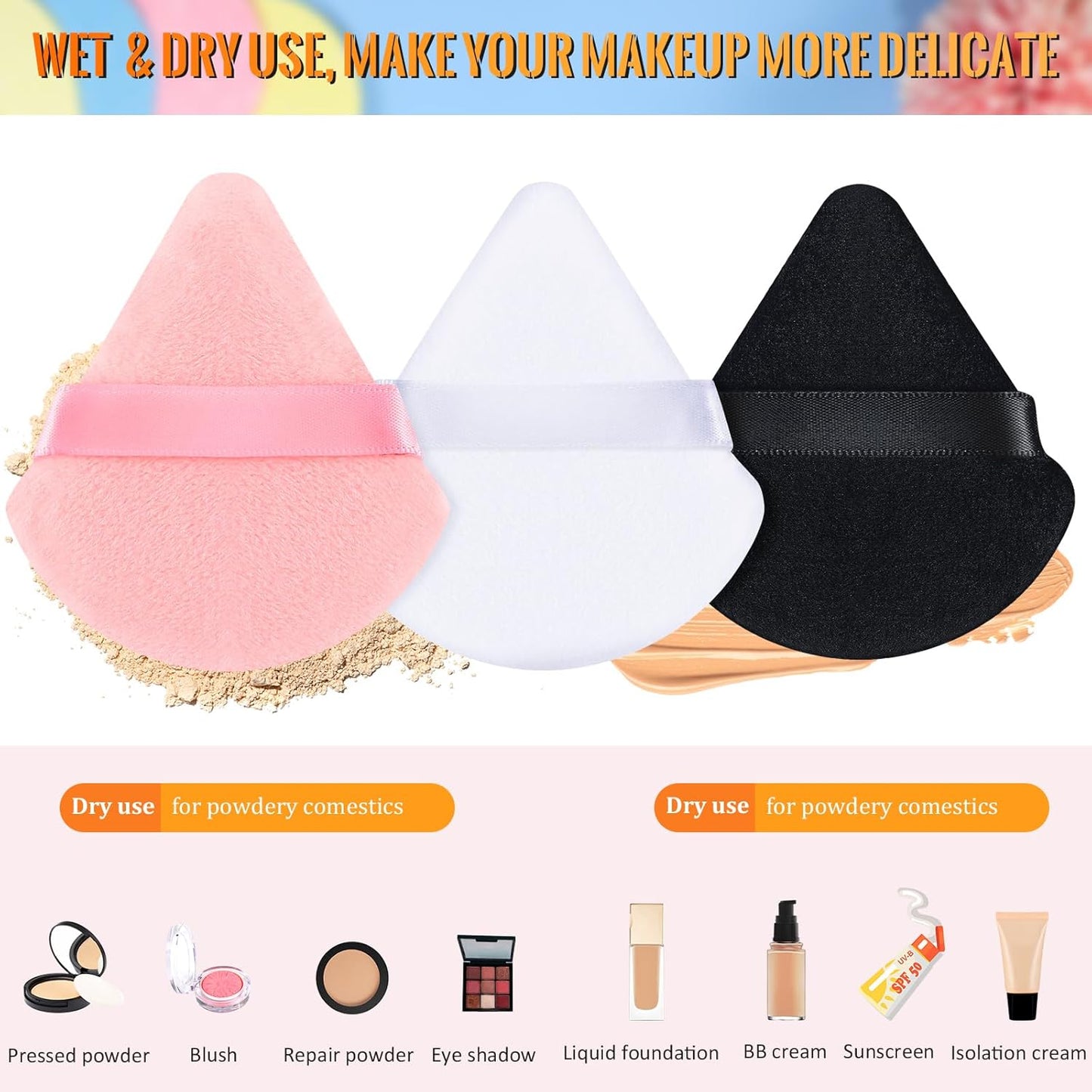 Meanplan 100 Pcs Powder Puff Face Soft Makeup Sponge Triangle Powder Puffs for Loose Velour Cosmetic Foundation Wet Dry Sponge Makeup Tools(Vivid Colors)