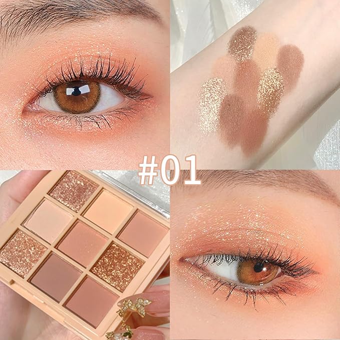 Erinde 9 Colors Eyeshadow Palette, Matte Shimmer Glitter Eye Shadow Makeup Palette, Highly Pigmented Long Lasting Waterproof, Natural Neutral Nude Eyeshadow Makeup Pallet, Oat Milk Tea