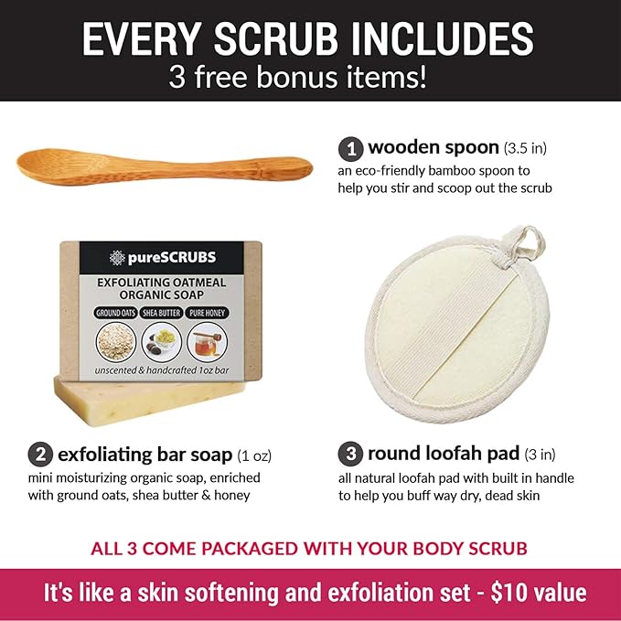 pureSCRUBS Premium Lemongrass Dead Sea Salt Body Exfoliator Scrub, Full Exfoliating Body Scrubber - Large 16oz Jar, Filled With Essential Oils, Includes Spoon, Loofah & Exfoliating Skin Soap