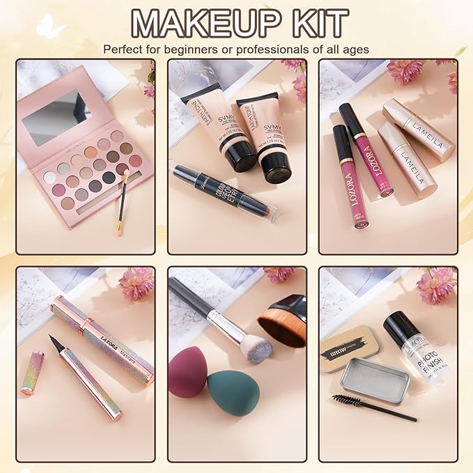 All in One Makeup Kit for Women Full Kit Makeup Gift Set for Women & Girls Makeup Essential Bundle Include Foundation 18Color Eyeshadow Palette Lipstick Eyebrow Pencil Cosmetic Brush Set