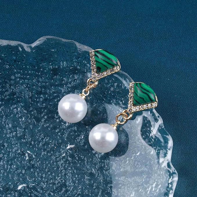 Vintage Cz Emerald Pearl Earrings Gold Pearl Drop Earrings Triangle Emerald Earrings Geometric Emerald Stud Earrings Jewelry for Women and Girls