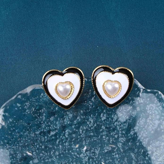 Vintage Pearl Heart Stud Earrings Enamel Heart Earrings Heart Love Earrings White Minimal Earrings Jewelry for Women