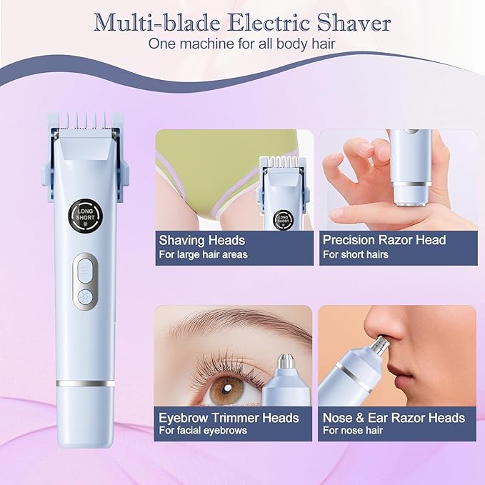 Upgrade Dermave Bikini Shaver, Dual Head 4 in 1 Bikini Trimmer for Women, IPX7 Waterproof Wet & Dry Use Electric Razor with Led Light and Display for Nose, Eyebrow, Bikini, Body (Blue)
