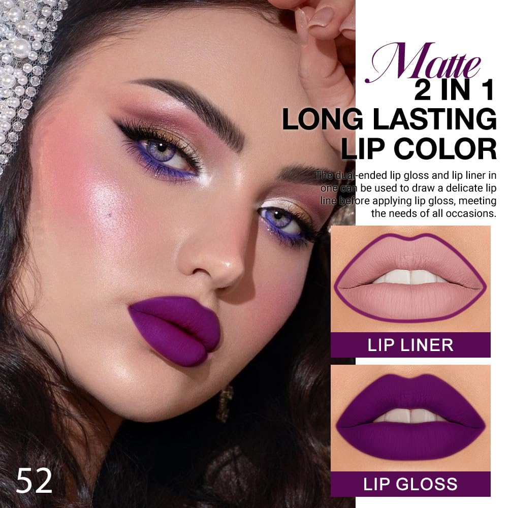 evpct 1Pcs Purple Matte Lip Liner & Liquid Lipstick Stain Makeup Set for Women, Purple Lip Liner Stain Long Lasting Waterproof Smudge Proof, Cruelty Free Lip Stick Makeup 24 hours originales, 52