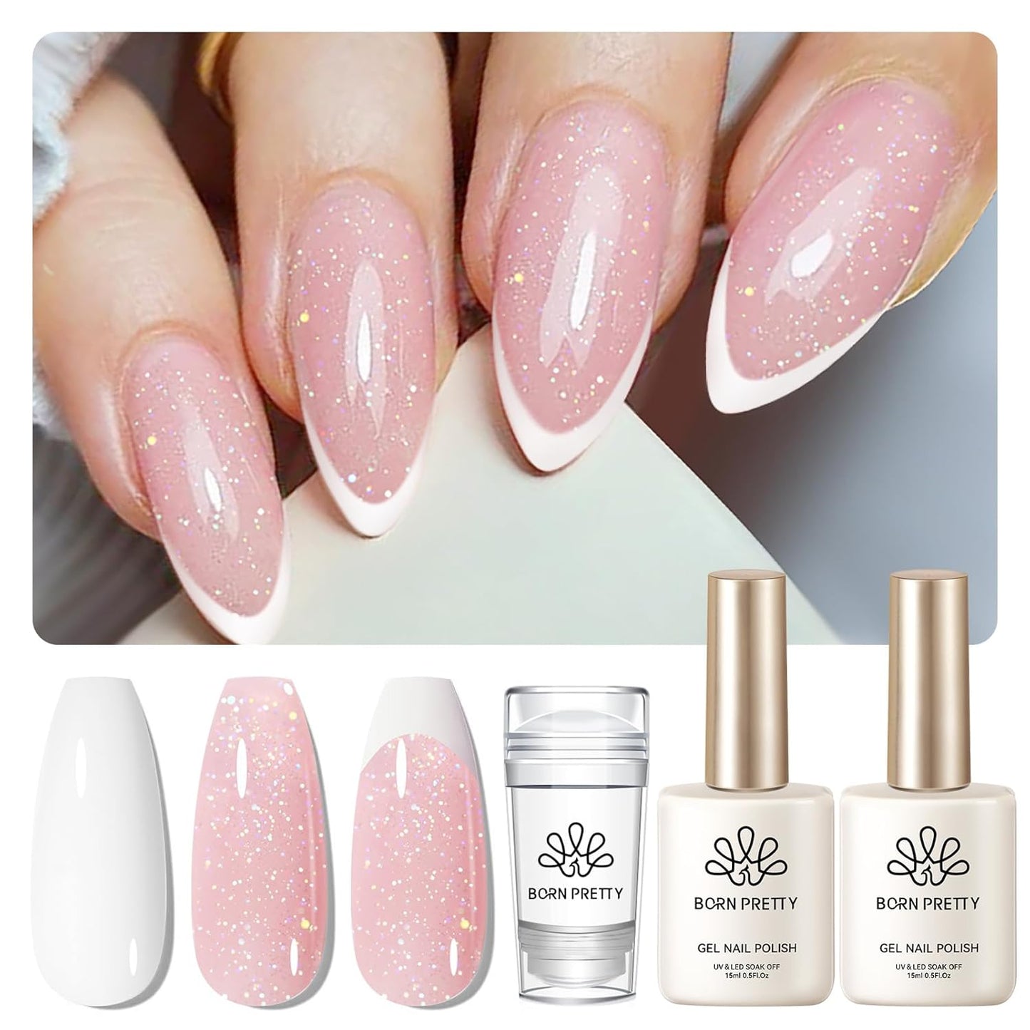 Born Pretty French Manicure Kit, Nail Stamper and 2Pcs Gel Nail Polish, Include Jelly Glitter Pink White Colors for French Tip, U V Light Cure