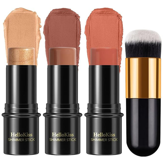 3 Pcs Face Contour Stick Kit, Matte Finish Face Stick Trio with Bronzer Blush Highlighter and Brush, Long Lasting Waterproof Cream Beauty Wand Makeup Set for Sculpt Glowing Face Look (#5, 6, 15)