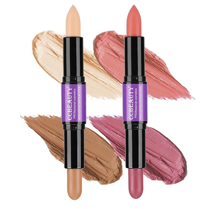 CCbeauty 2pcs 2-IN-1 Matte Contour Highlighter Stick with Blush,Cream Dual-End Highlight Bronzer Concealer & Blusher for Cheeks & Lip, Long Lasting Contouring for Face Shaping Makeup, Medium-Tan