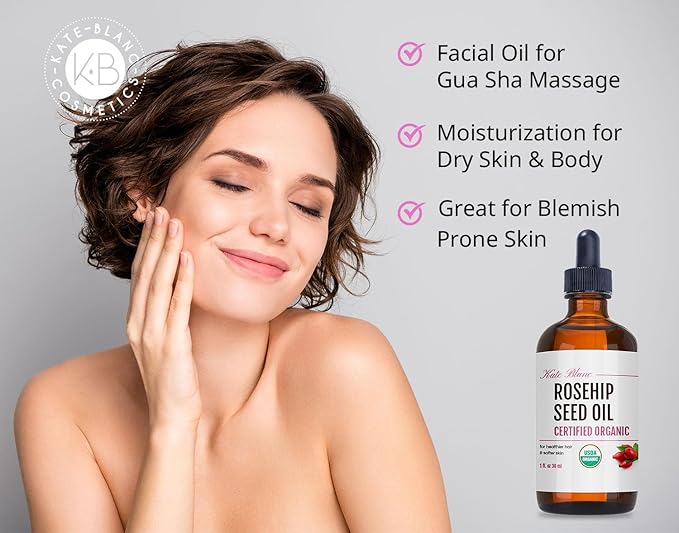 Kate Blanc Cosmetics Rosehip Oil for Face & Softer Glowing Skin (1oz, Organic, Pure, Cold Pressed) Rosehip Seed Face Oil for Facial & Gua Sha Massage