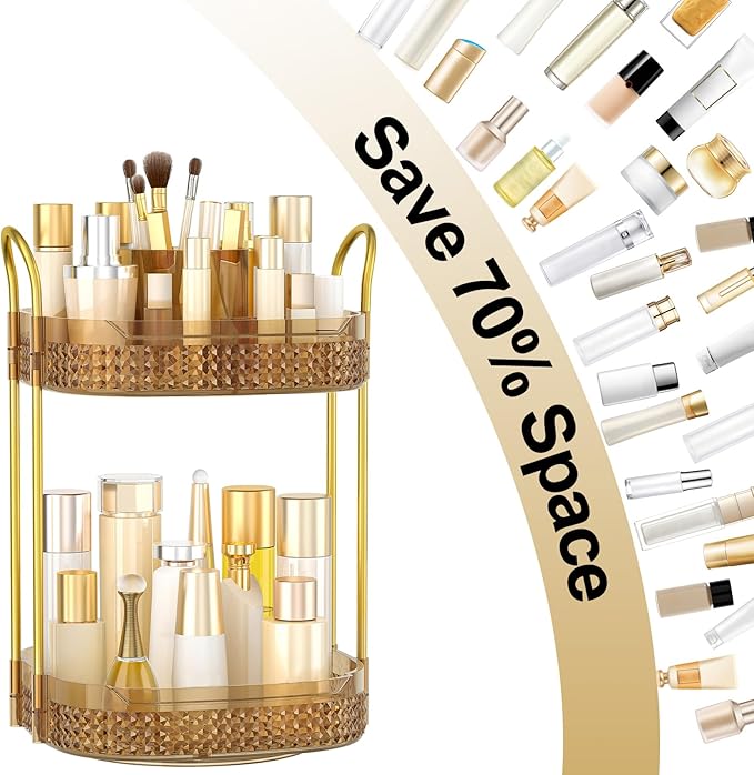 360° Rotating Makeup Organizer 2 Tier, Large Skincare Clear Make Up Storage Spinning Perfume Organizers for Bathroom Counter Dresser, Pink
