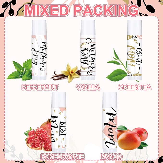 Dunzy 50 Pcs Mother's Day Lip Balm in Bulk Gift Set Moisturizing Lip Moisturizer Party Favors with Assorted Fruit Flavors for Best Mom Women Dry Chapped Lips Mother's Day Gifts