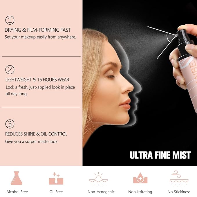 Long Lasting Makeup Setting Spray Kit - 3.38 Fl oz Super Matte Finish Setting Mist Lightweight Face Make up Fixer for Oily Skin + 1PC Sponge Puff + 1PC Powder Puff