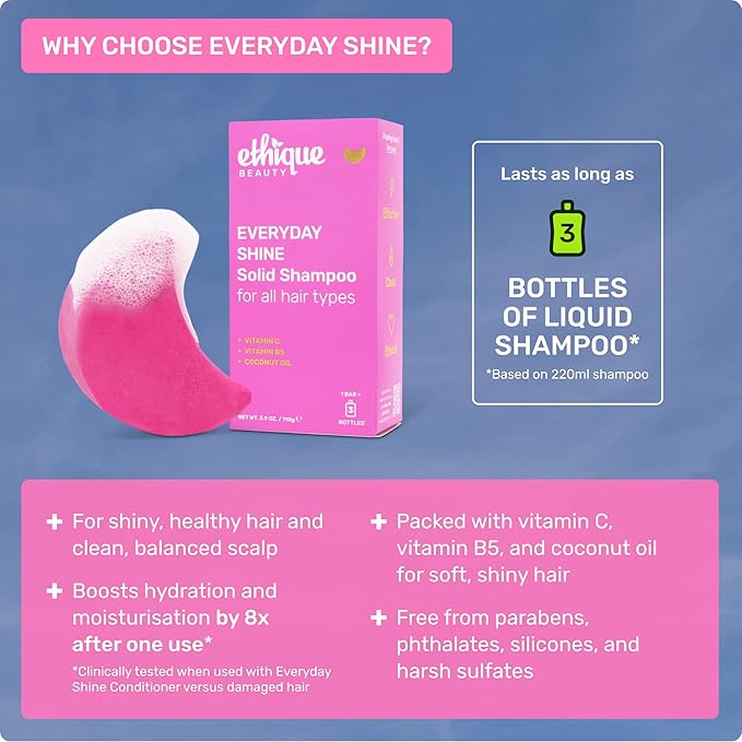 Ethique Everyday Shampoo Bar for soft, shiny hair with Vitamin C - Plastic-Free, Cruelty-Free, Vegan, 3.88 oz - Formerly Pinkalicious