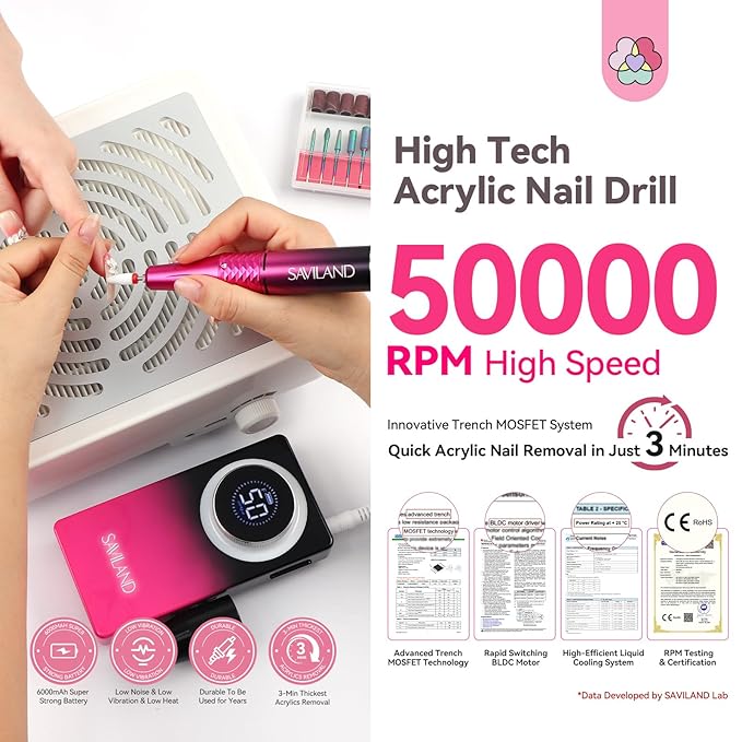 SAVILAND Electric Nail Drill 50000 RPM: Cordless Electric Nail File 10 H Battery Life Rechargeable Nail Drill Kit with Ceramic Drill Bits for Acrylic Nail Removal Ambient Light Black and Pink Ombre