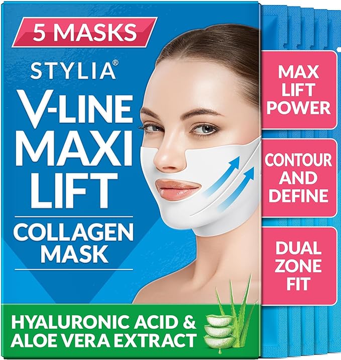 Stylia MaxiLift V-Line Lifting Collagen Face Mask – Enhanced Double Chin Reducer – Jawline Shaper Face Lifting Masks – Firming Neck Lift Collagen Mask – Chin Strap for Sleeping – Hyaluronic, Aloe 5PC