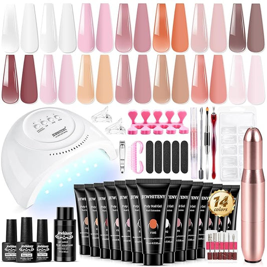 JEWHITENY 14 pcs Poly Gel Nail Extension Kit With Drill Machine U V Nail Light ALL In One Polygel Starter Kit