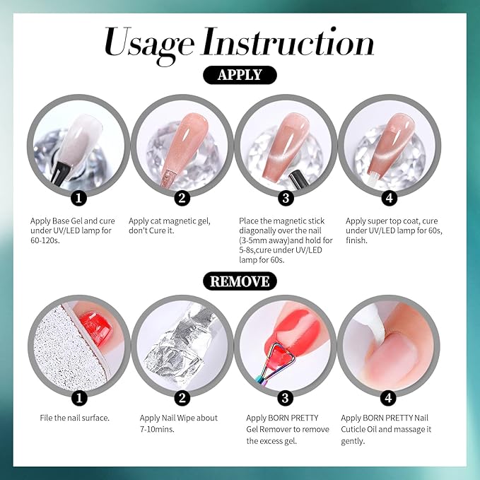 Born Pretty Cat Magnetic Eye Gel Nail Polish, 6 Colors 9D Magnetic Glitter Gel Polish Set Black Blue Purple Green Nail Polish Kit Soak Off LED Nail Art DIY Salon Gift