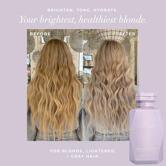 Goldie Locks Brilliant Blonde Purple Shampoo for Blonde, Lightened, Grey Hair & Extensions, Brightens, Tones, Eliminates Brass, Sulfate-Free, Nourishing, Moisturizing, Color Safe, 8.45 Fl Oz Bottle