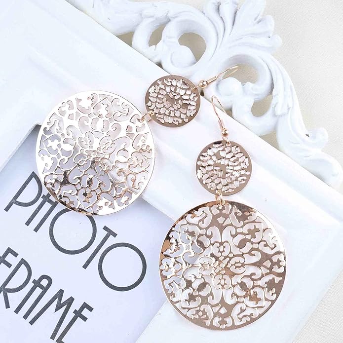 Filigree Hollow Disc Dangle Drop Earrings Boho Gold Ethnic Carved Flower Earrings Double Round Disc Drop Earrings Statement Hook Earrings Wedding Bridesmaid Jewelry for Women and Girls