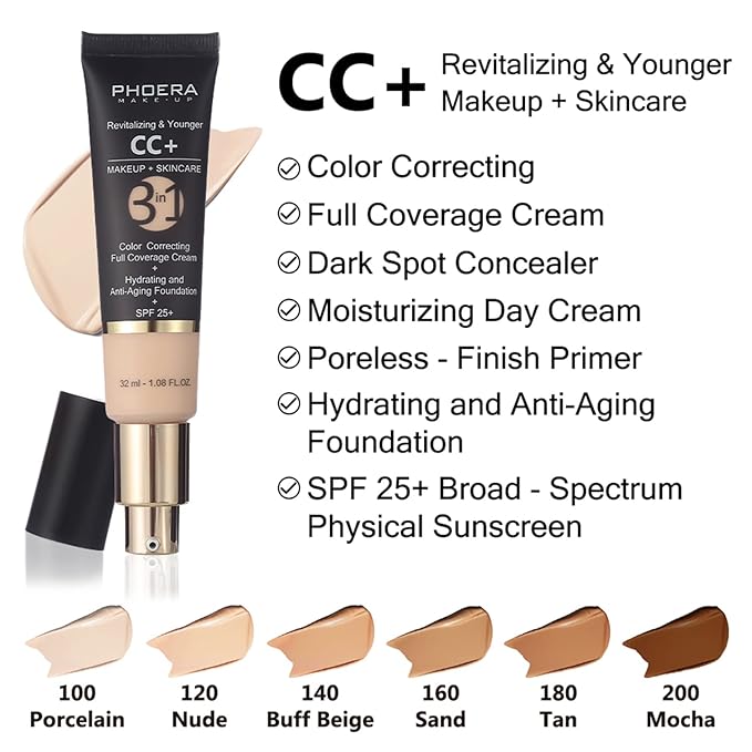 PHOERA Foundation,PHOERA CC Cream Foundation Color Correcting Anti Aging Hydrating Serum &SPF 25+,PHOERA Primer, PHOERA Makeup Foundation, Makeup Brushes (104 Buff Beige+160 Sand CC Cream)