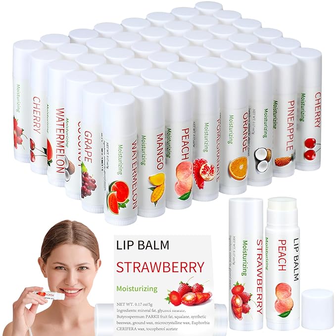 50 Pcs Fruit Flavors Lip Balm Gifts Bulk Small Thank You Gifts for Coworkers Guests Staff Customers Women Adults Wedding Bridal Baby Shower Favors Supplies Souvenirs