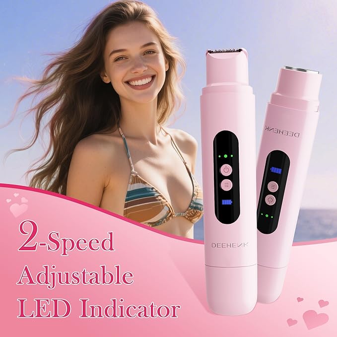 Bikini Trimmer Razors Shaver for Women: DEEHENK 2-Speed Electric Razor for Pubic Hair Dual Head Shaver Women IPX7 Waterproof Rechargeable Lady Trimmer for Bikini Underarm Body Leg Face Pink