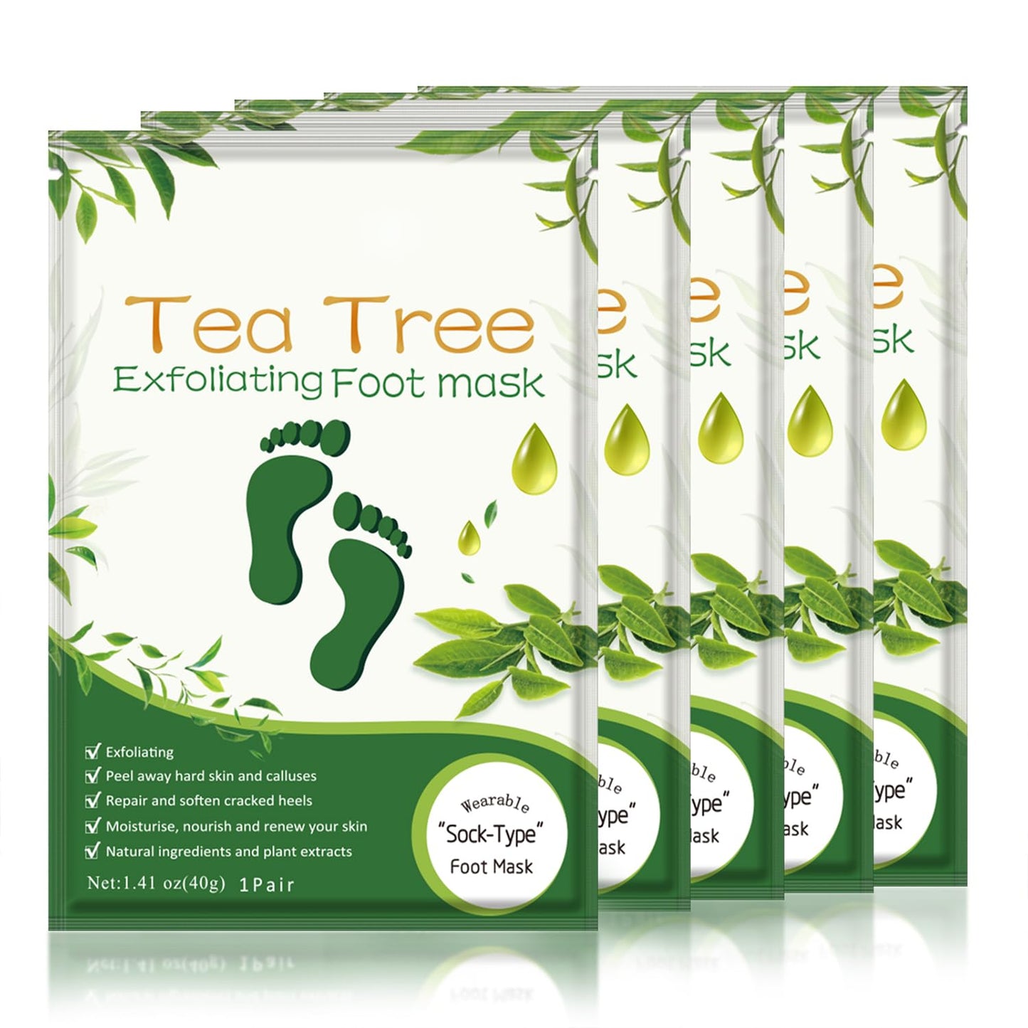 Foot Peeling Mask Moisturizing Socks 5Pairs, Foot Mask Remove Dead Skin, Rough Callus and Cracked Heels, Dry Skin Moisturizer for Soft and Smooth Baby Touch Feet (Tea Tree)