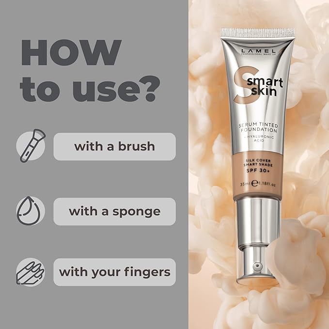 LAMEL Smartskin Serum Tinted Foundation - Hydrating & Nourishing - Hypoallergenic & Skin-Caring - Color Correcting - Anti-Aging Formula with Hyaluronic Acid - 402, 1,18 fl.oz