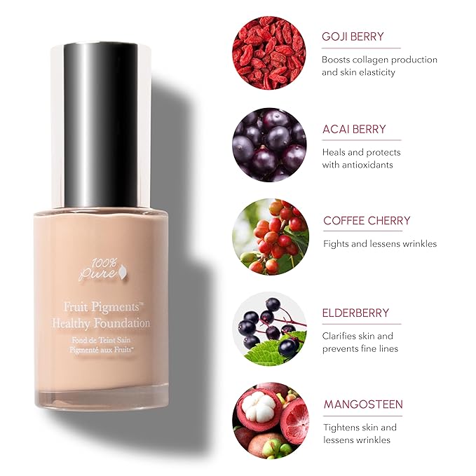 100% PURE Healthy Foundation Full Face Coverage Makeup, Liquid Matte Finish with Anti-Aging Benefits - Vegan Gorgeous Fruit Pigmented White Peach Color (Light with Warm Undertone) - 1 Fl Oz