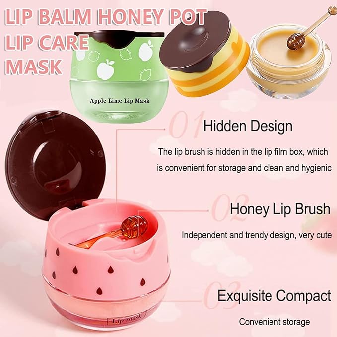 4PCS Bee Lip Balm Honey Pot,Honey Apple Lime Watermelon Lip Mask Overnight Propolis Moisturizing Lip Balm,Nourishing Sleeping Lip Mask Hydrating Prevention Dry & Cracked (4PCS)