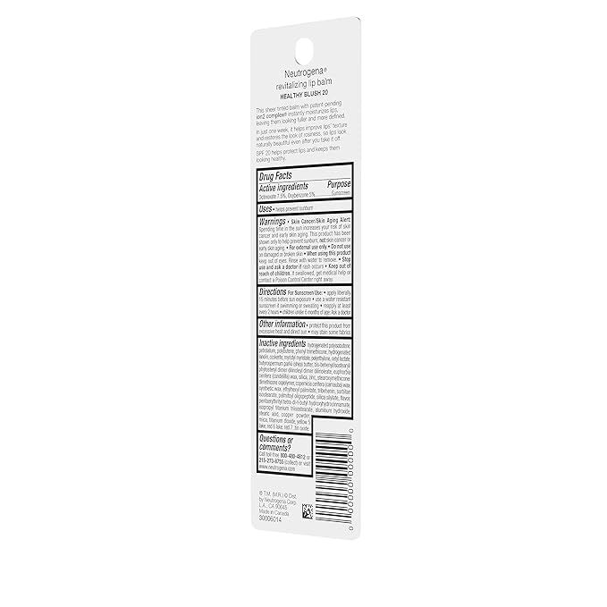 Neutrogena Revitalizing and Moisturizing Tinted Lip Balm with Sun Protective Broad Spectrum SPF 20 Sunscreen, Lip Soothing Balm with a Sheer Tint in Color Healthy Blush 20, .15 oz