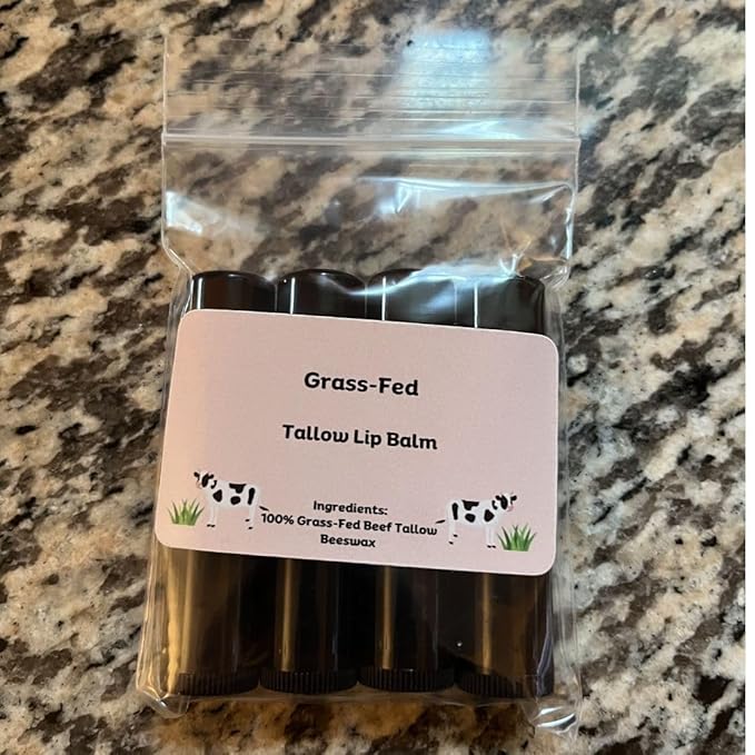 Beef Tallow Lip Balm 100% Grass Fed & Organic, Animal Based Skincare, Carnivore Beauty, Natural Hydrating (4 Pack), Black