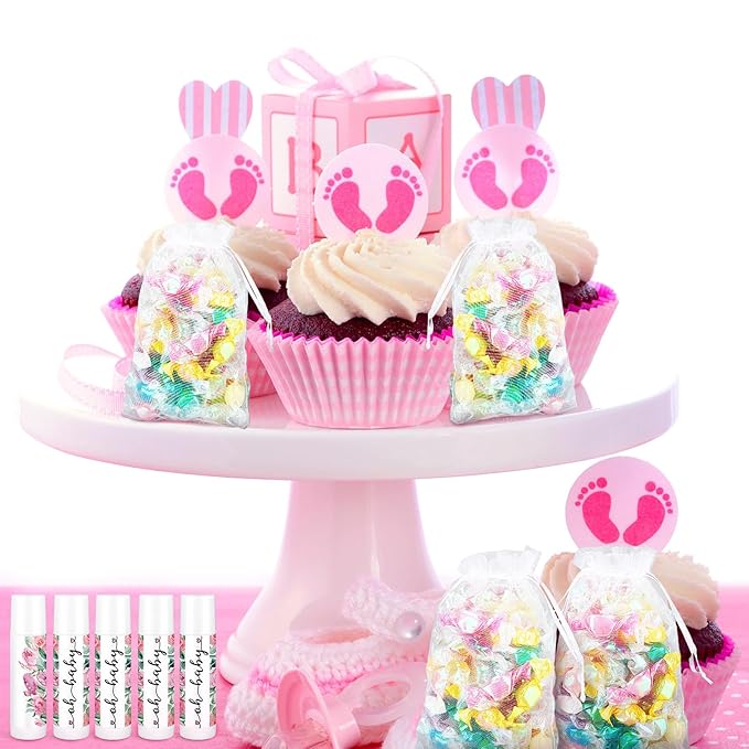 Demissle 50 Pcs Baby Shower Lip Balm Gift Set with 100 Pcs Organza Bags Baby Shower Party Favor for Guest Thank You Tag Rope Baby Shower Party Decoration Gender Reveal Souvenirs(Watercolor Flower)